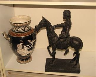 Greek urn, horse rider statue