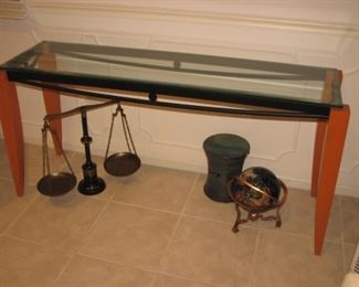 Mid century modern teak and glass sofa table, antique scale, garden bench