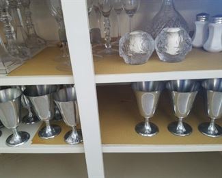 Pewter goblets, crystal