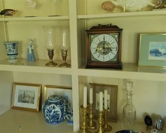 Selection of collectibles including carriage clock, brass candle sticks, Imari ware, blue & white china