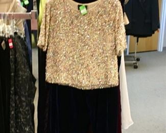 Gold top with a velvet green skirt
