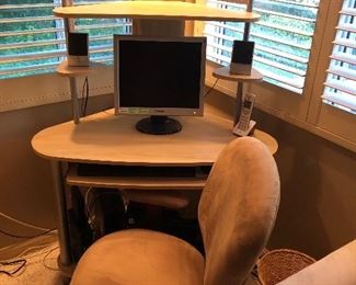 Computer desk and office chair - also Gateway computer and Hp printer