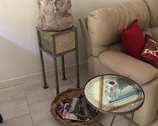 Mirrored side tables, curved sofa