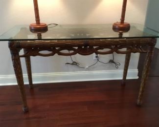 Carved wood and glass table 54"L x 2'D x 30"H