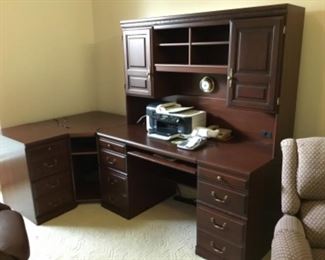 Executive desk (5'-1"L x 27"D x 68"H) with corner unit (32.5"Sq) and file cabinet
