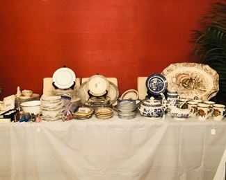 Lenox sets of china, Churchill set of Blue & White, Johnson Turkey Platter, Christmas mugs