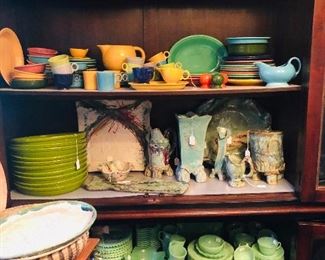 Serving plates, Fiesta ware (old), Pottery, Jadeite, wood pieces, pottery