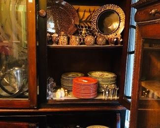 Chaffing dishes, Ralph Lauren leopard ware, sets of salad plates & dinner plates, white ware