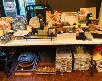 Collection of individual plates including blue & white and red & white; office and men's items, wooden trays, bamboo tray, set of metal and mesh individual trays for buffets