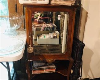 French small cabinet with mirrored door and shelf below, antique piece