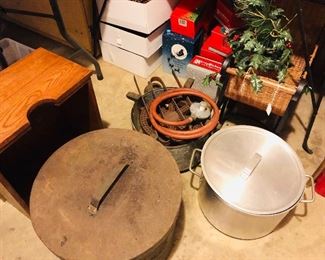 Fish cooking burner and large pots, large flat stainless box for cleaning ducks (not shown)