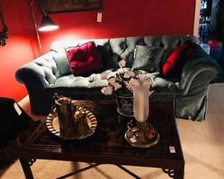 Henredon sofa in teal velvet, Maitland Smith coffee table
