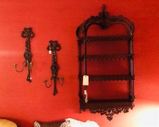 Maitland Smith carved mahogany wall pieces: Pair of sconces, wall shelf large