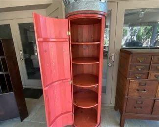 Unique Red Wooden Corner Cabinet w/ removable metal crown on top.