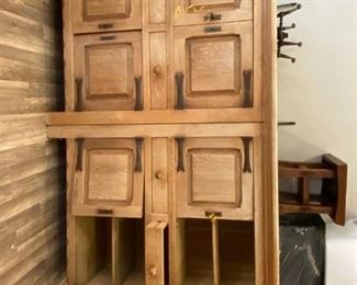 Solid Wood Cabinet w/ pull out drawers and shelves with locking doors. 2 pieces with one top connecting, disassembles for moving!