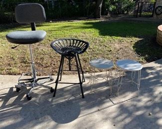 High Stool (adjustable height rolling), Tractor Seat Stool, and 2x vanity chairs