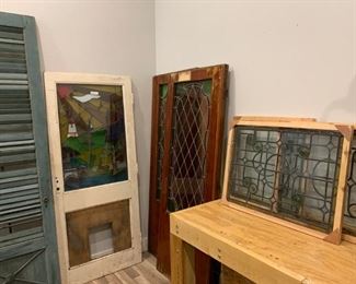 All Antique 1x Wooden Slat Door, 1x Stained Glass Door, Pair of Stain Glass Doors, 3x Stain Glass Windows