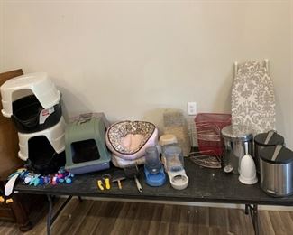 Pet Items and Bathroom Items: 3x kitty litter boxes, kitty toys, 4x feeders, 2x kitty beds, kitty grooming tools, 3x mini pedal open trash bins, desk iron board, corner shlef, wire trash bin