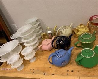 Antique Milk Glass and Hall China Tea Pots