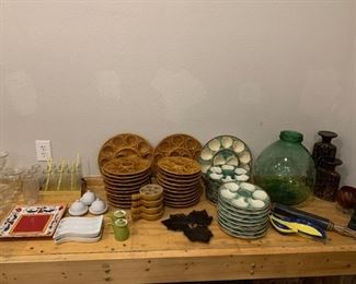 Honey Comb Drinking Jar set w/ straws, Italian Platter, Butter Bell holders, Wavy Serving dish set, Soy-Sauce Servers, Leaf Serving plate, Escargot Bowls, Seafood/Oyster Serving Platters w/ Individual serving plates, Glass Carboy, Candleholder set, Marble Rolling Pin, Olive Server