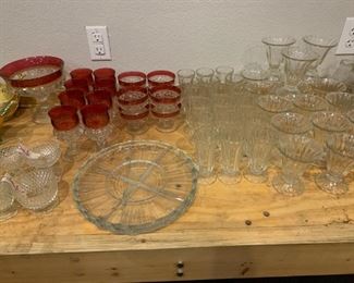 Antique Ruby Flash Glass, Cream and Sugar Bowl (sets), Serving Platters (glass), and Fluted Dessert and Sundae Bowls (heavy-duty resturant quality)