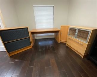 Ikea Office Set Desk: Desk, Narrow Double Shelf Side Cabinet, File Bottom/Shelf Top Cabinet, and Double Roll Top Cabinet