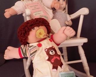 Childrens Rocking Chair and 3 Collectible Dolls