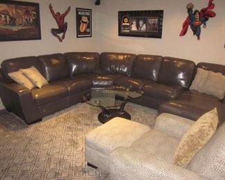 Grey Leather Sectional Sofa Recliner with Chaise Lounge