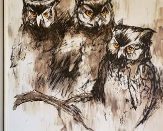 Large C. Patterson painting depicting three owls. Oil on canvas