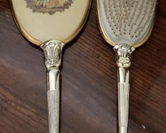 Antique French Hand Mirror Porcelain Hand Painted Courting Couple