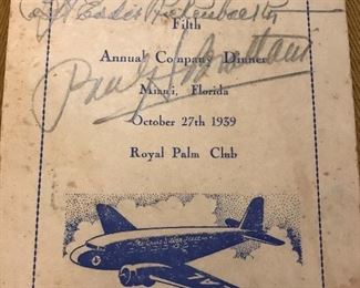 Autographed Eastern Airlines company dinner bulletin from 1939. Signed by founder Eddie Rickenbacker and VP Paul Brattain.