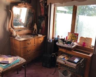 Antique Oak Dresser w/ Mirror, Vanity Bench, Magazines, Marilyn Monroe Dolls