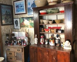 Primitive Cupboard, Antique Oak Washstand, Yellowware Banded Bowls, Black Americana - Cookie Jars, Figures