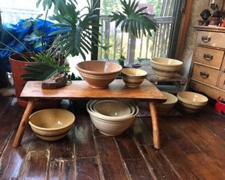 Primitive Table, Yellowware Banded Bowls, Plants