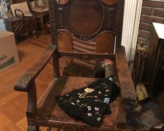 Antique Figural Chair w/ Leather Seat, Embroidered Shawl