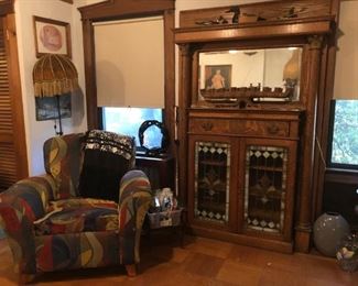 Antique Oak Mantle w/ Stained Glass Doors, Funky Chair, Floor Lamp