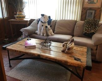 Sofa, Nipper Stuffed Dogs, Industrial Wood & Iron Table
