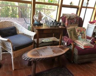 Wicker Chair, Live Edge Wood Table, Chess Set, Vintage Swan Lamp