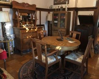 Antique Oak Clawfoot Dining Table & Chairs, Antique Oak Sideboard w/ Mirror, Hutch, Columbia Grafonola (Victrola)