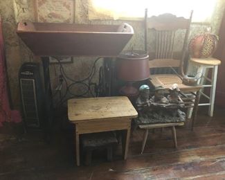 Dough Box, Old Stools, Chalk Ware Black Americana Boys Statue