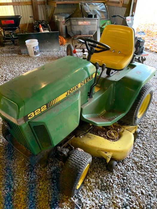 John Deere #322 Tractor w/Yan Mar Gas Engine: 1122 Hours, NEW Battery, Leaf/Grass Blower #PWRFLO50MOW attached w/ #MC579Cart Grass/Leaf Catcher! Works Great!