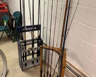 Field & Stream Wood Fishing Rod Corner & Okuma Fishing Rod Stand Stands!  Fenwick #HMX70M-F 7Ft  Spinning Rod, Bass Pro Shop Graphite Series #GRS60MT-2 6 FT Rod, 4 Abu Garcia Ambassadeur #2000C Bass Reels, Piranha #273-WC700-66 6Ft Spinning Rod, Perch Stopper #KEPCG501S-M Rod, 
Mitchell Challenge 10 Reel, Abu Garcia Cardinal #554 Reel, Spaulding 5 Ft Spinning Rod #SSP-50 Rod,  Quick Fire Graphite C Shimano Rod, Shakespeare Synergy Rod w/Microcast Titanium Reel,  Shimano Graphite Rod #SSG-56L, Ratboy #FH1141-2 Forescast RX6 Graphite Spinning Rod,  Teamdaiwa Advantage 2000A
Reel,  2 Abu Garcia Ambassadeur #6500C3 Reels, 2 Cabelas Depth Master Trolling Series #DM-DR-86M Rod, Cabelas Depth Master Trolling Series #DM-DR-86M Rod, Etc 

