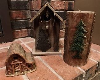 Rustic woodland decor items--Candle, birdhouse, small cabinet