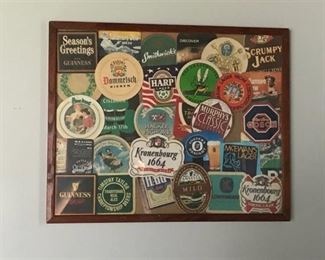 Vintage beer coasters in frame with glass--unique wall decor
