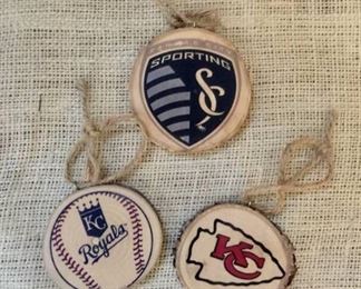 Set of 3 Kansas City Sports wood ornaments (Sporting KC, KC Royals, and KC Chiefs)