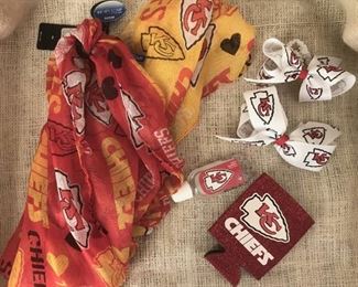 Kansas City Chiefs fun stuff--scarf, bows, cozy, etc.