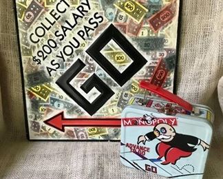 Monopoly tin Wall sign and small tin lunch box
