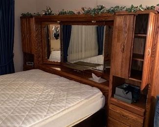  KING SIZE BEDROOM SET IN VERY NICE CONDITION. HEADBOARD/BEDFRAME - DRESSER -ARMOIRE - 2 PIER CABINETS - MATTRESS AND BOXSPRING