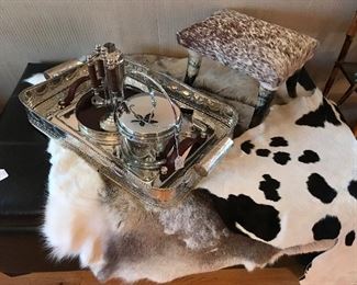 REINDEER HIDES, COW HIDES, BEAUTIFUL SILVERPLATE ORNATE TRAY AND BAR SET