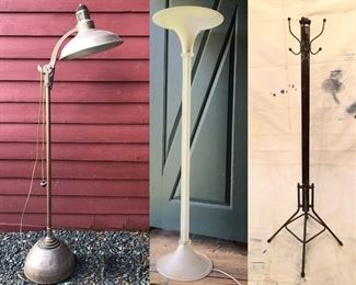 Art deco floor lamp, 1970s italian designer frosted & cast glass floor lamp, antique metal office coat rack.